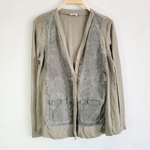 Ecru Leather and Linen Muted Light Olive Green Snap Button Cardigan Size Medium